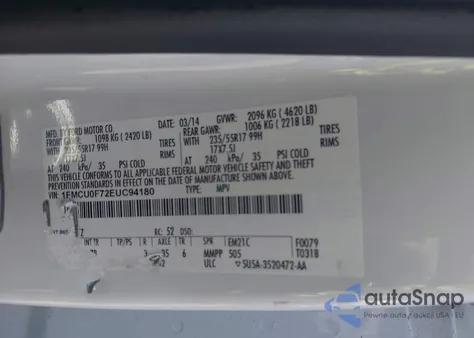 2014 Ford Escape S z USA, uszkodzony, nr VIN 1FMCU0F72EUC94180